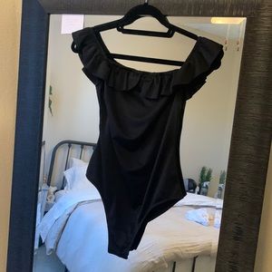 YOURS TRULY black ruffle off or on the shoulder body suit